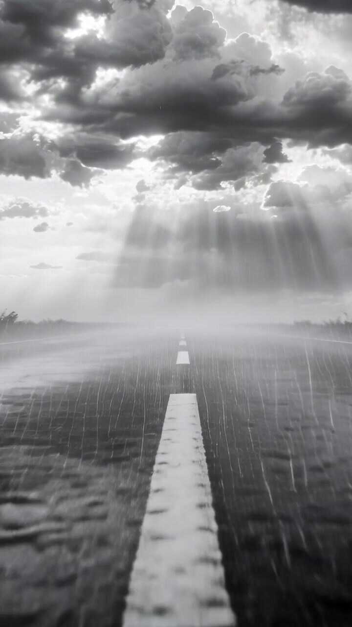 Vertical video: Moving camera showing stripe closing on wet road with rain, mist emphasizing depth