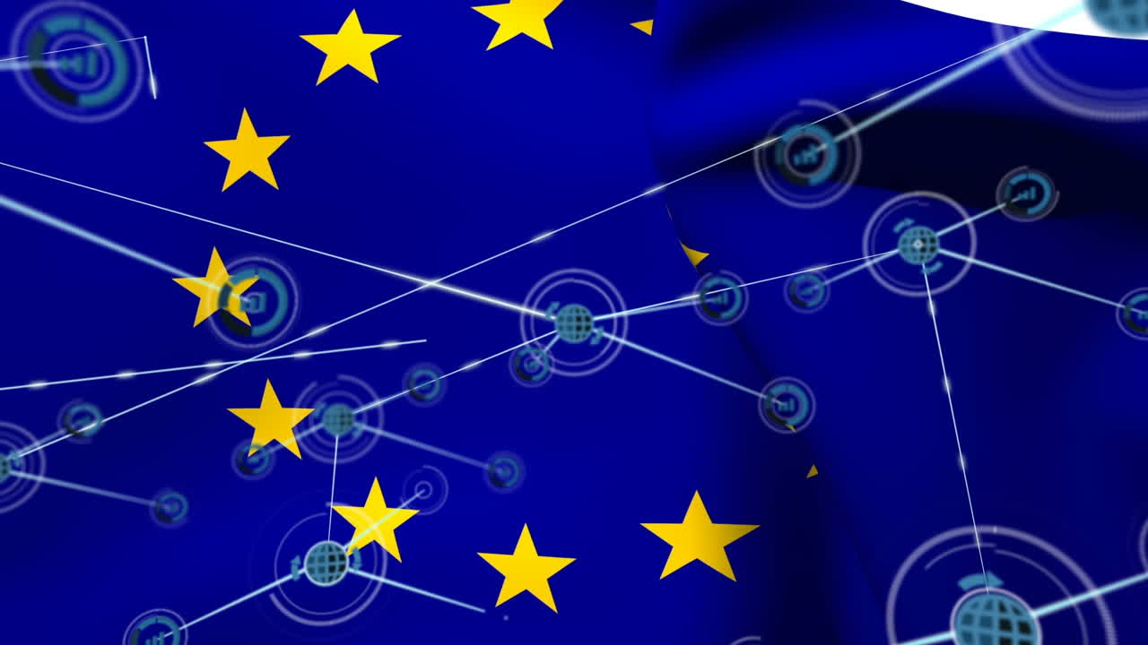 Animazione di rete di connessioni su bandiera dell'UE