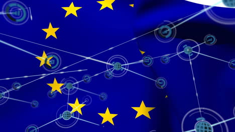 animation of network of connections over flag of eu