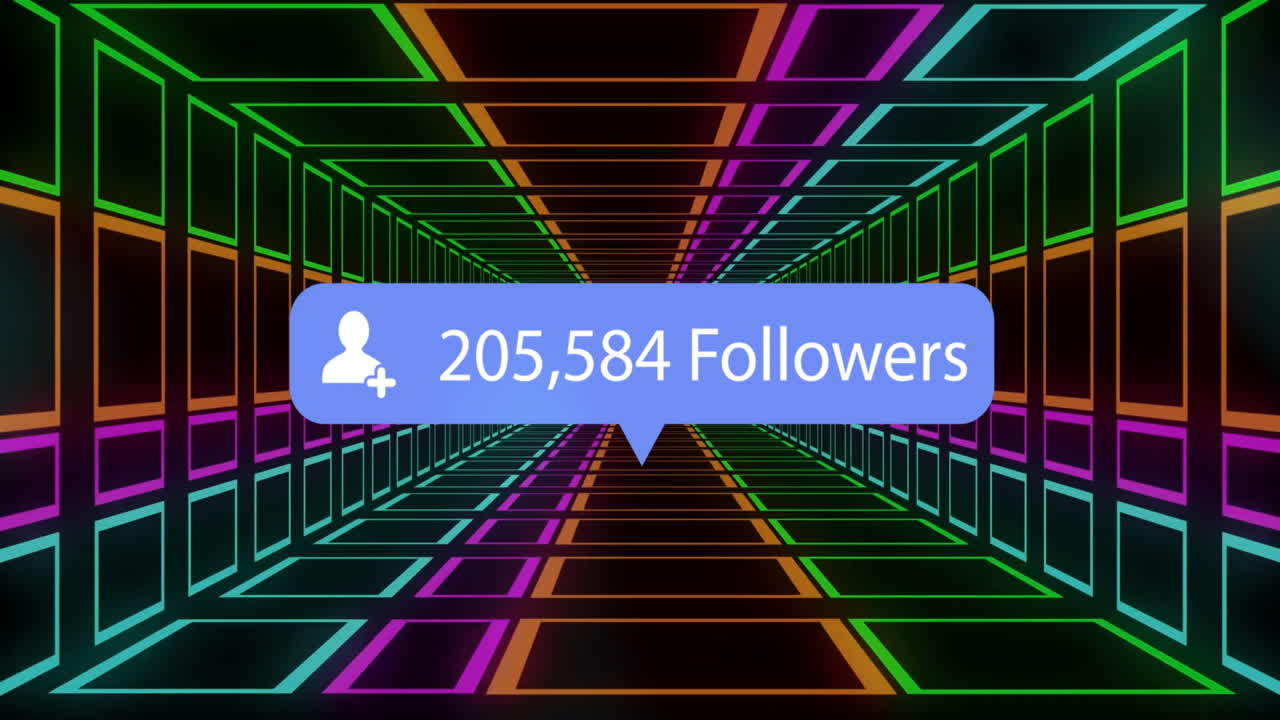 Animation of banner with followers text, icon and data processing over neon tunnel