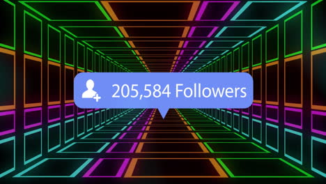 Animation of banner with followers text, icon and data processing over neon tunnel