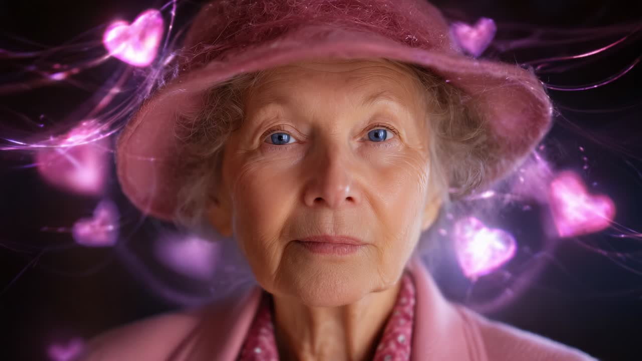 A Heartfelt Expression of Love: Celebrating the Joy and Warmth of Life Through the Radiant Smile and Gentle Presence of an Elderly Woman Surrounded by Floating Hearts and a Soft Pink Palette