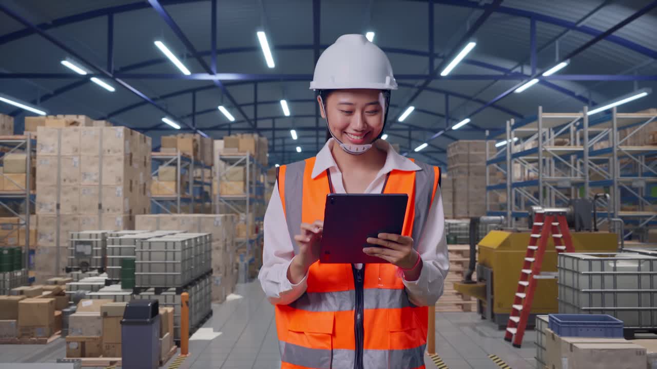 Vista frontale di un'ingegnere asiatica che usa un tablet mentre cammina in un ampio magazzino con file di scaffalature
