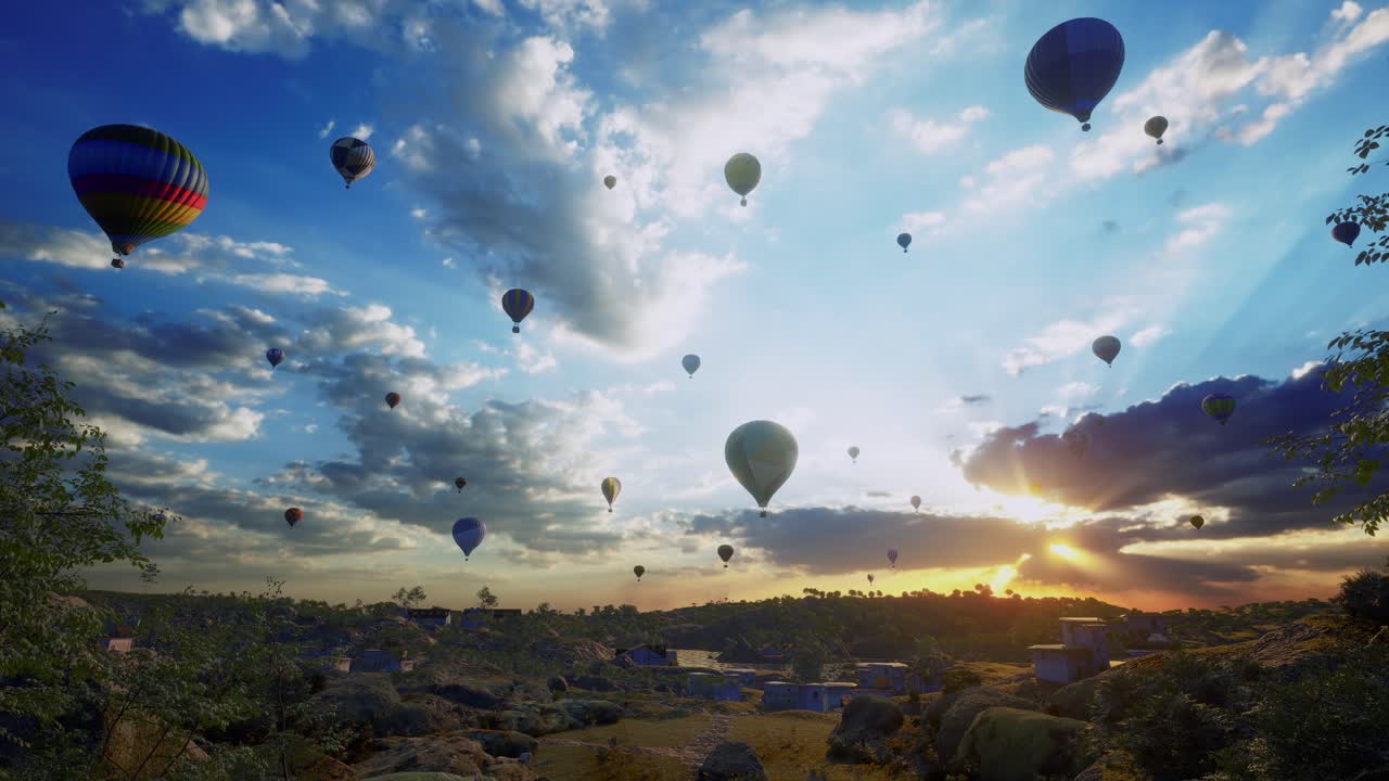 뜨거운 공기 풍선, 서서히 다른 사람들과 함께 도시 위로 날아, 해가 지는 시간