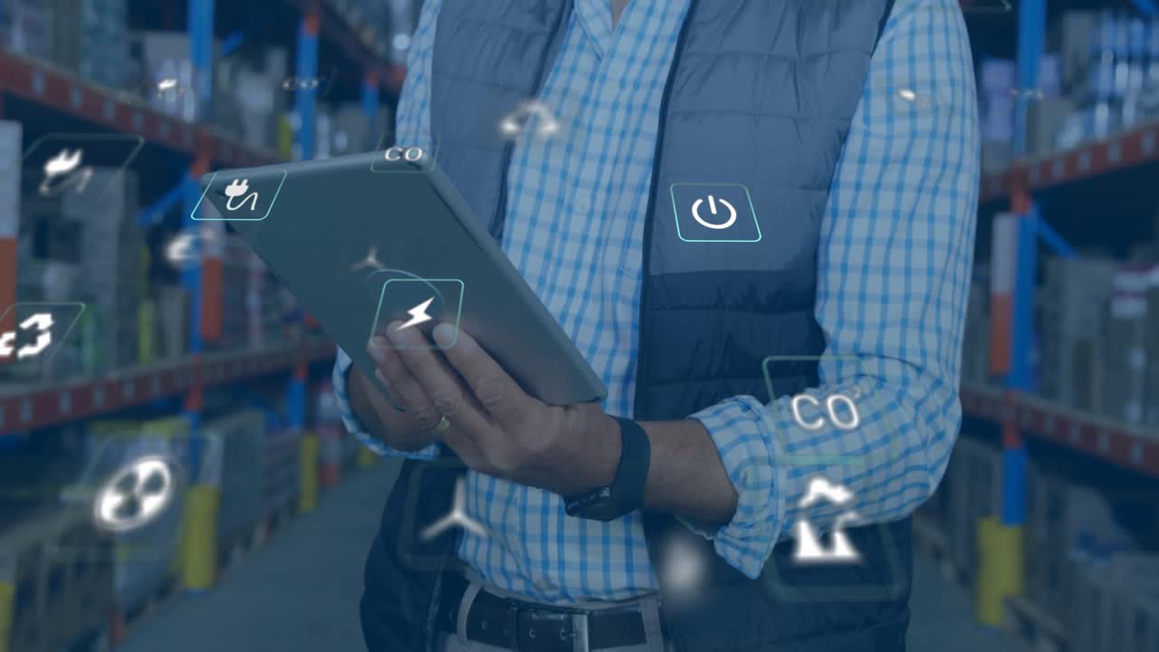 Warehouse manager tapping tablet showing eco icons while inspecting racks then donning helmet
