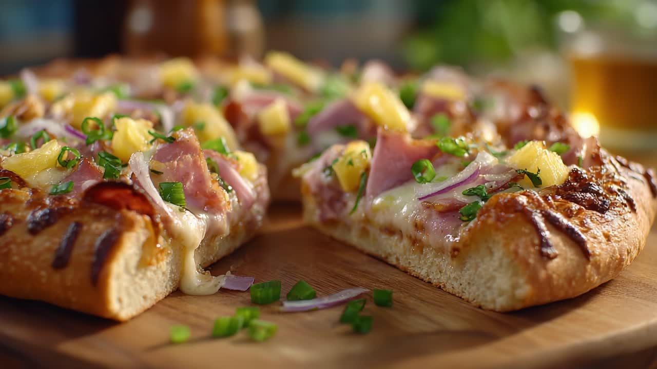 Pizza yang Dibuat dengan Lezat, Dihiasi dengan Ham, Nanas, dan Daun Bawang Segar, Dipanggang dengan Sempurna untuk Pengalaman yang Menggugah Selera.