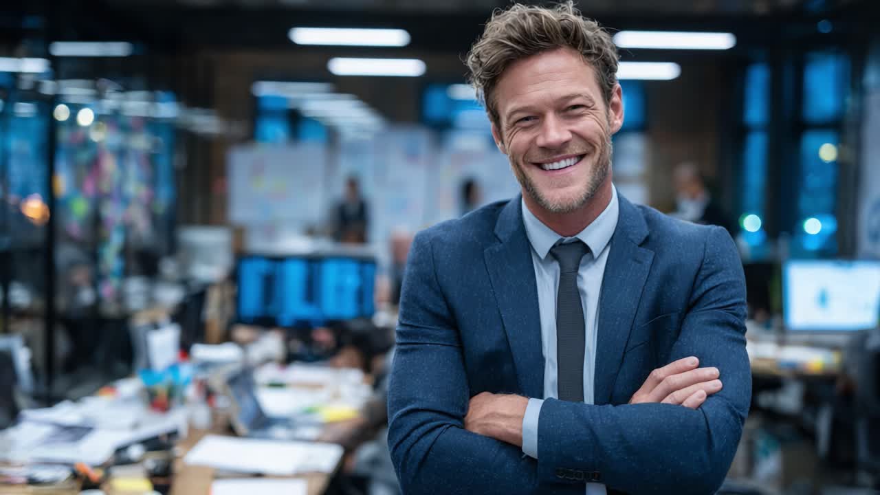 A confident professional in a modern office environment, exuding positivity and approachability while engaging with colleagues in a collaborative workspace