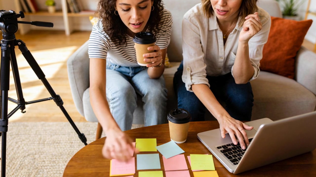 Donna inclinata a sinistra che tiene una tazza, che ordina post-it per la pianificazione sul tavolo; donna a destra che mostra il portatile.