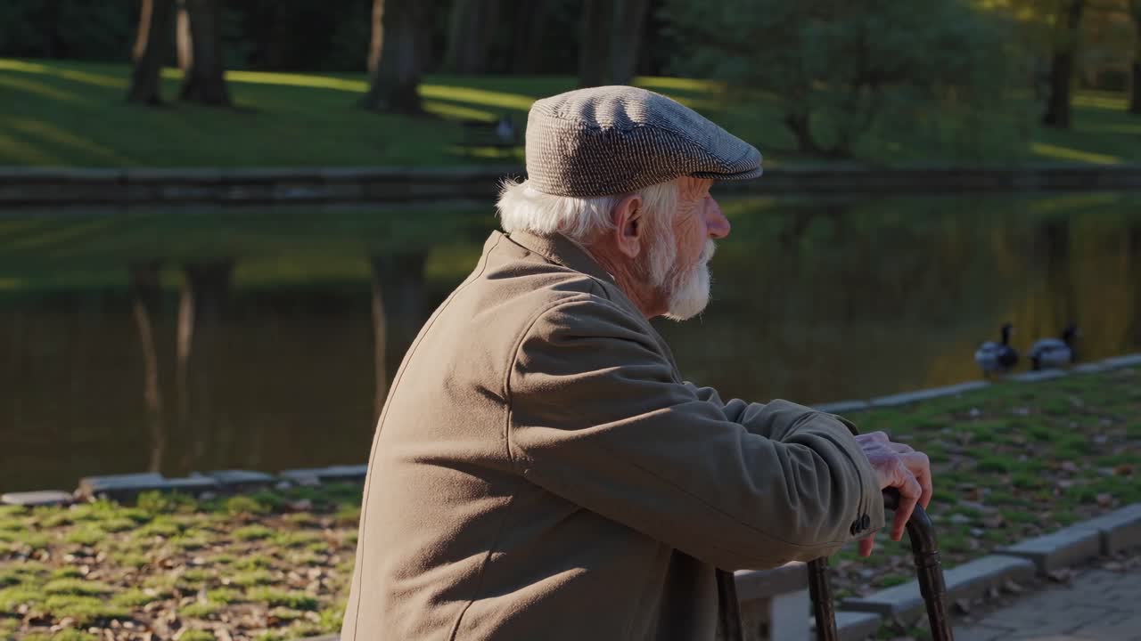 Side profile of an elderly man in a park, leaning on a cane by a pond