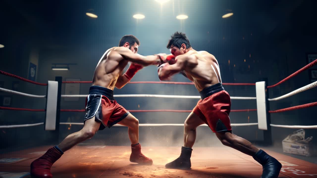 Dynamic video concept of two boxers in a ring, captured from a low-angle, emphasizing intensity