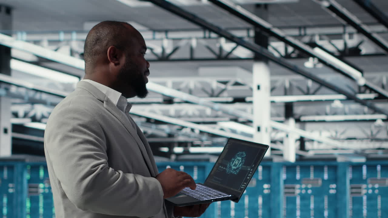 Vertical video Smiling data center technician installing and upgrading hardware components