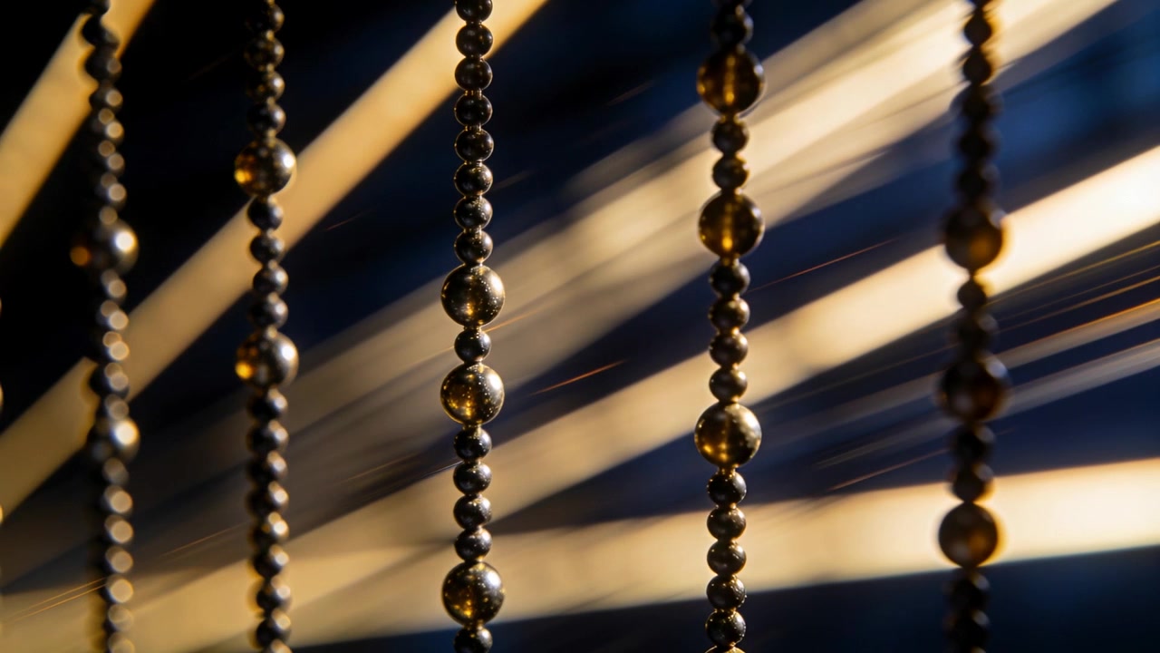 Swaying vertical metallic bead chains responding to gentle breeze near warm diagonal light bands