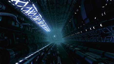 a dark, futuristic tunnel lit by glowing lines