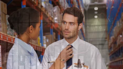 animation of data processing over people working in warehouse