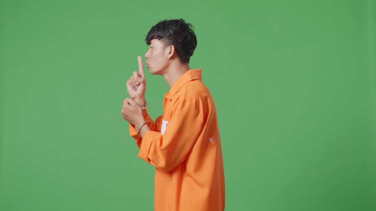 녹색 스크린 배경에 서서 shh 제스처를 하는 수갑을 입은 아시아 남성 수감자의 측면 시각