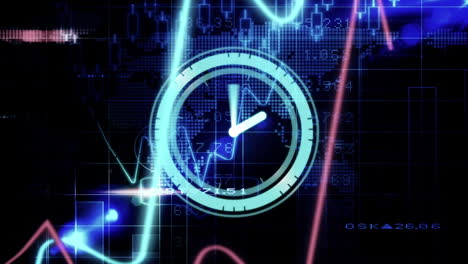 animación de reloj de neón y procesamiento de datos estadísticos sobre el mapa del mundo sobre fondo negro