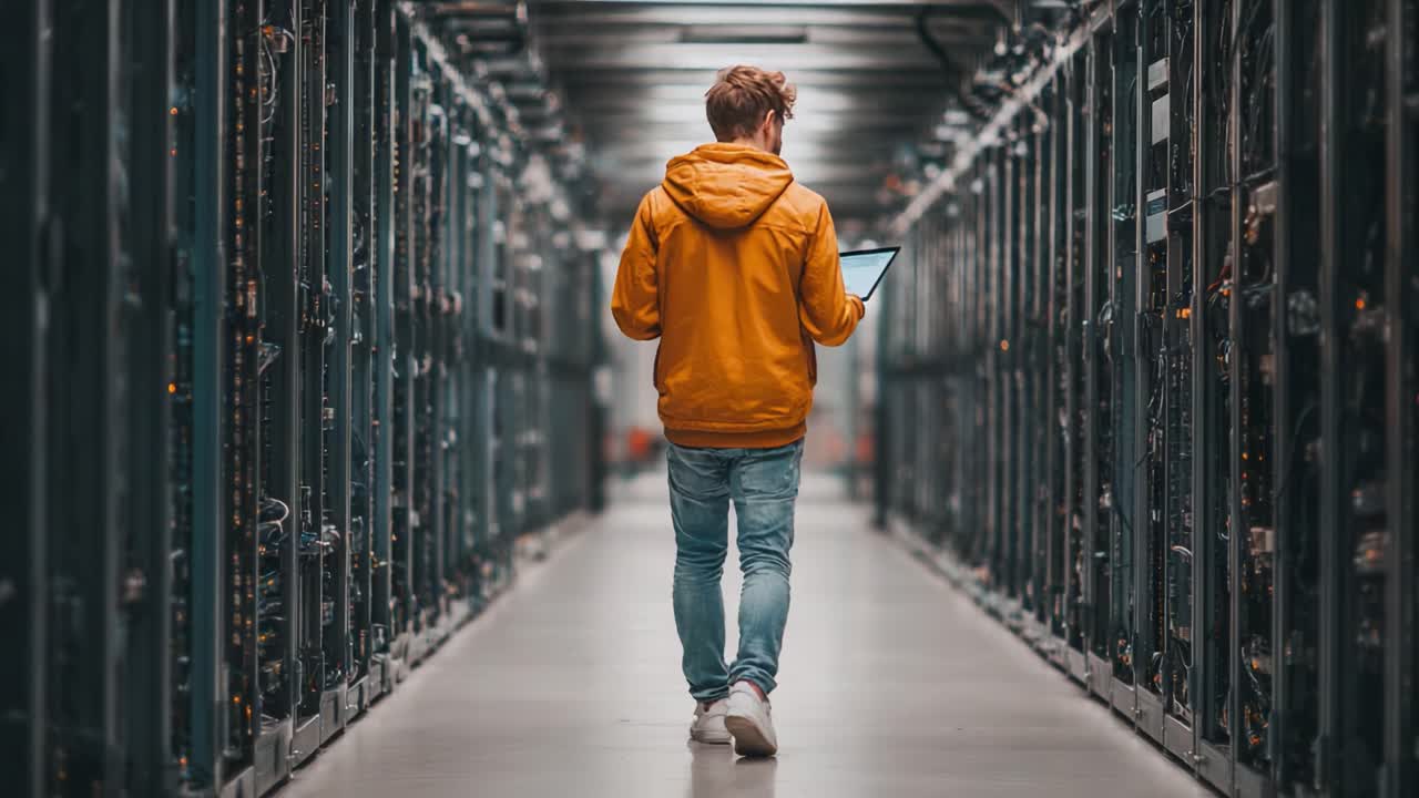 En ung person i en orange hættetrøje, der går gennem et højteknologisk datacenter og interagerer med en enhed blandt rækker af servere og kompleks digital infrastruktur