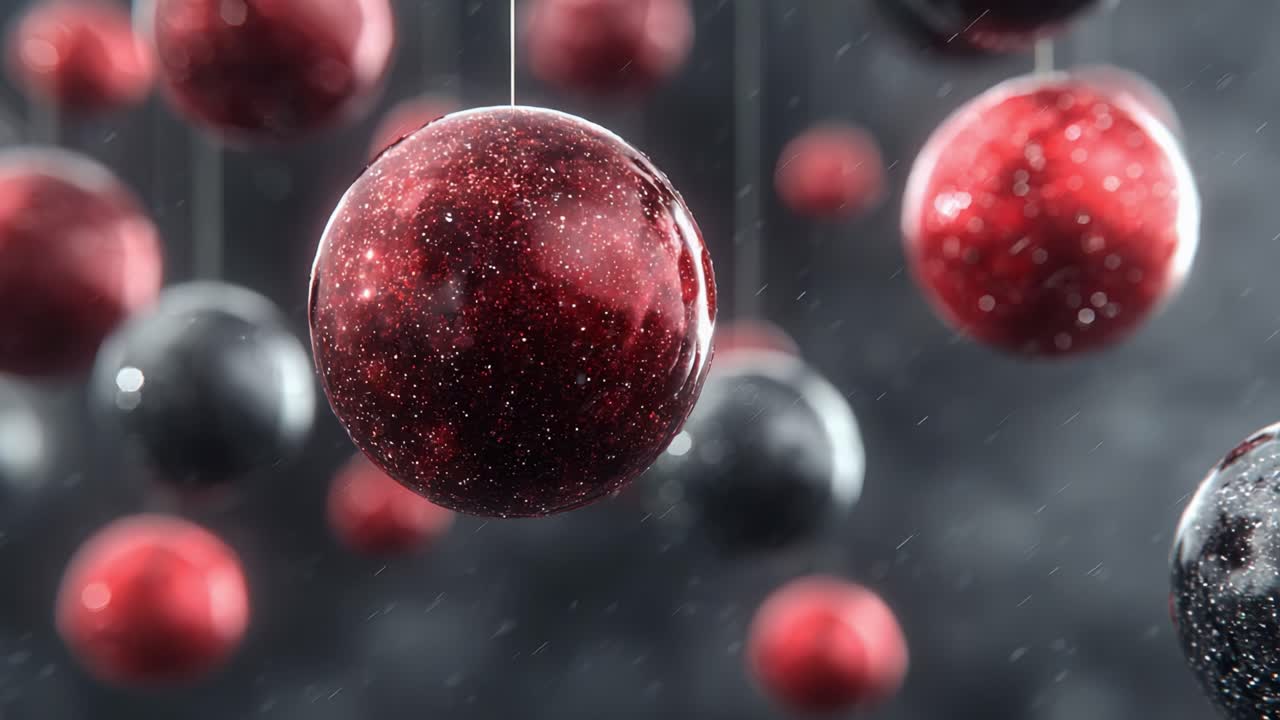 A Captivating Display of Red and Black Ornaments Floating in the Air, Glimmering with Sparkles and Set Against a Mysterious Dark Background