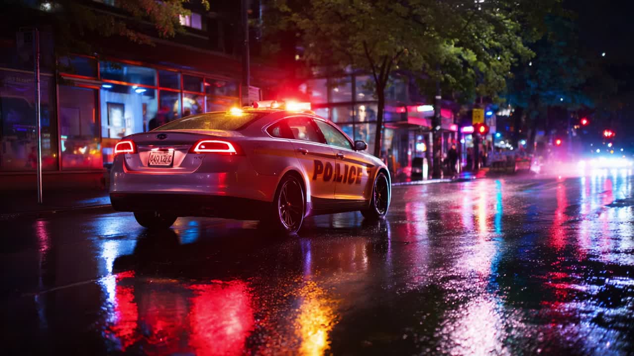 A striking nighttime scene featuring a police vehicle illuminated by vibrant lights reflecting off wet pavement, showcasing the dynamic atmosphere of an urban environment during a rain-soaked evening