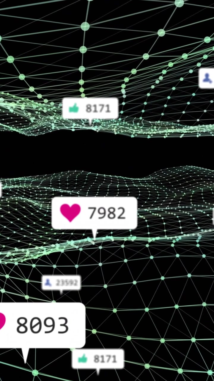 Vertical video: Green mesh pulsing as incoming heart and thumbs-up labels updating social analytics