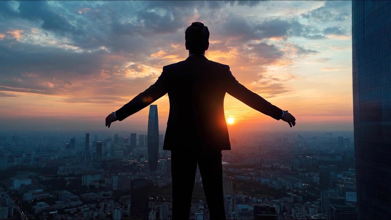 Silueta de empresario con los brazos extendidos contemplando la ciudad al atardecer