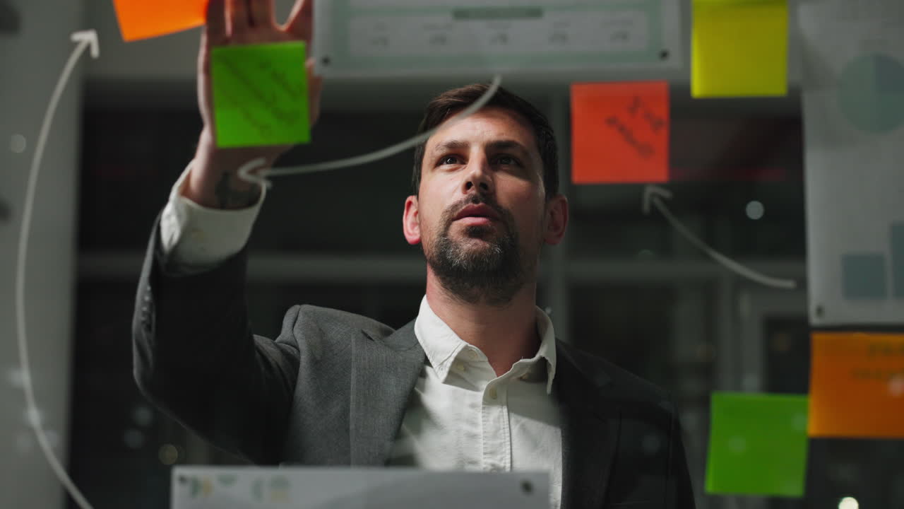 Empresário Planejando Estratégia em Quadro de Vidro com Post-its