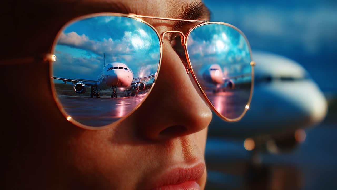 A Close-Up View of a Person’s Face with Sunglasses Reflecting Aircrafts, Capturing a Moment at the Airport with Stunning Sky and Cloud Background Highlights for an Enthralling Visual Experience