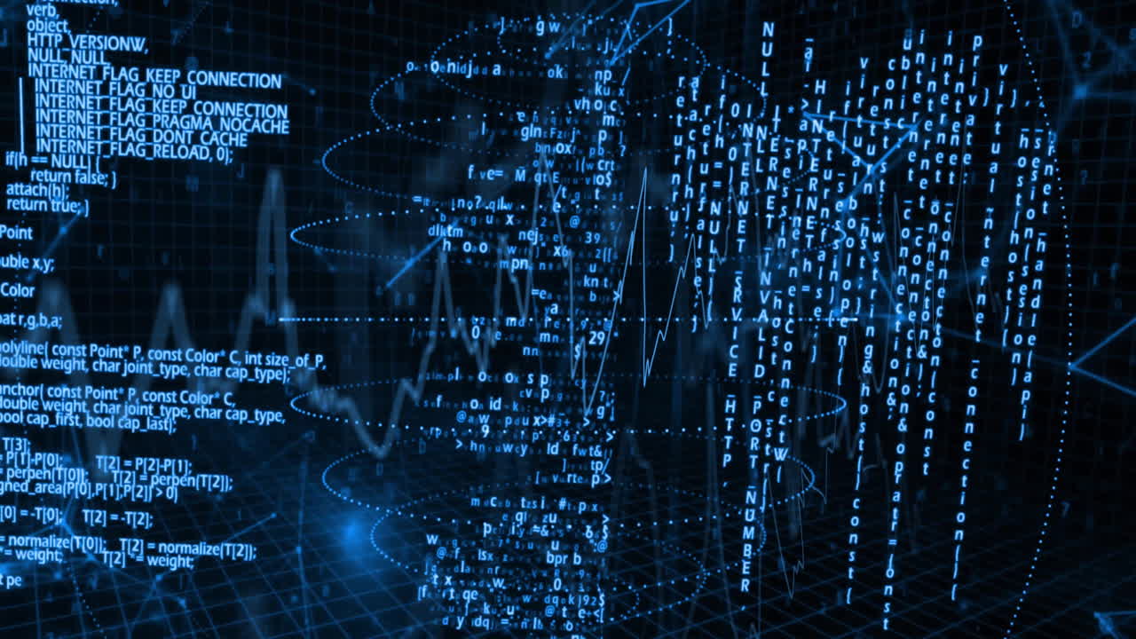 Animation of digital code and data streams forming patterns in blue tones