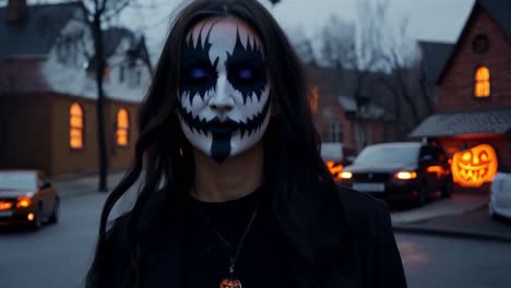 a woman in a scary halloween costume walks down a street at night