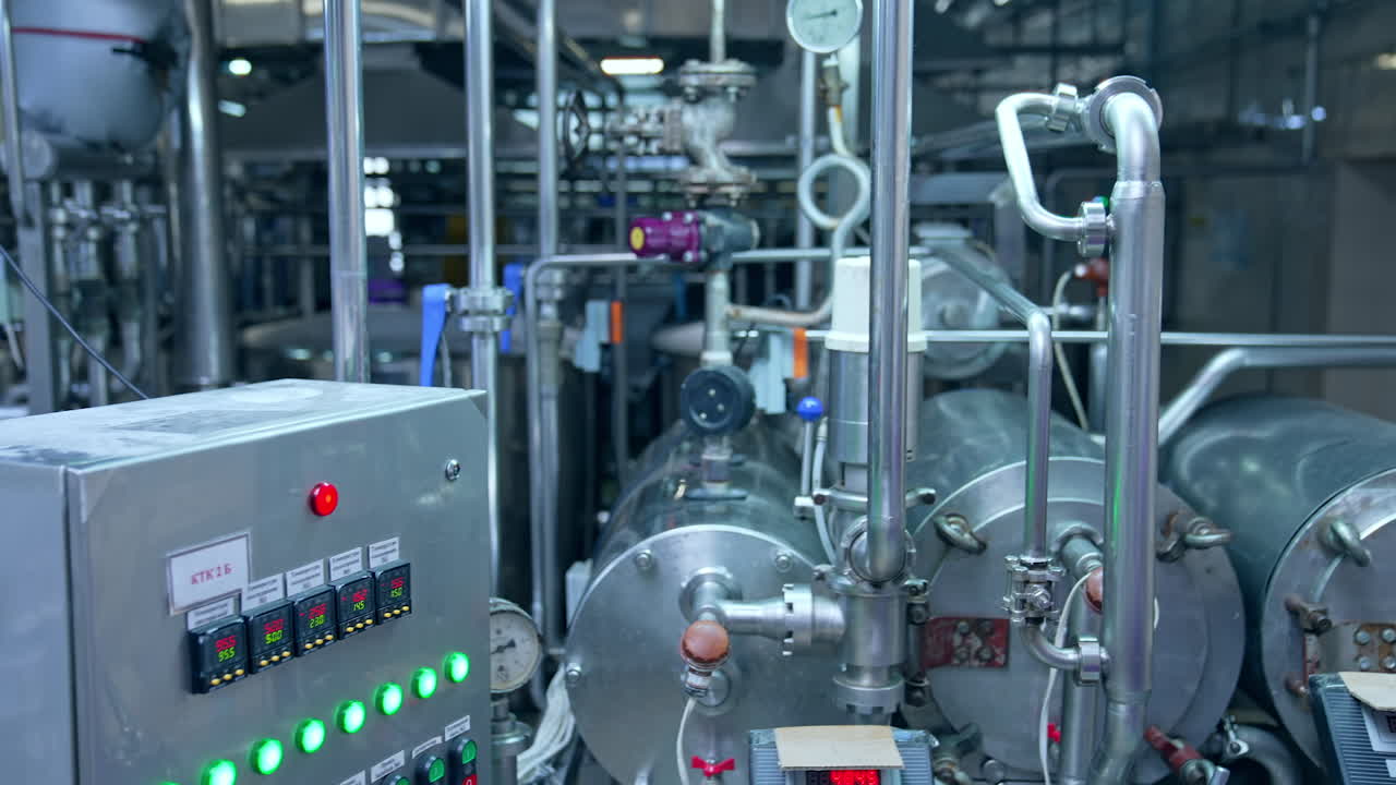 Close look at the pipelines with valves and barometer. Special equipment with buttons and timer for controlling the production processes. Close up.