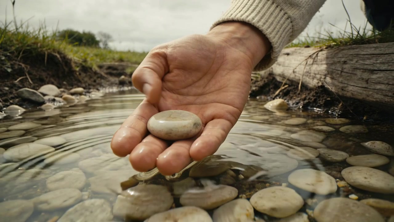 Examinando piedras, una mano derecha con puño de punto coloca la segunda piedrecita en la orilla del arroyo, formando ondas.