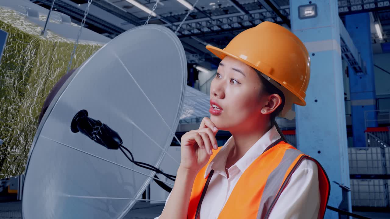 工場で衛星アンテナを検査するエンジニア