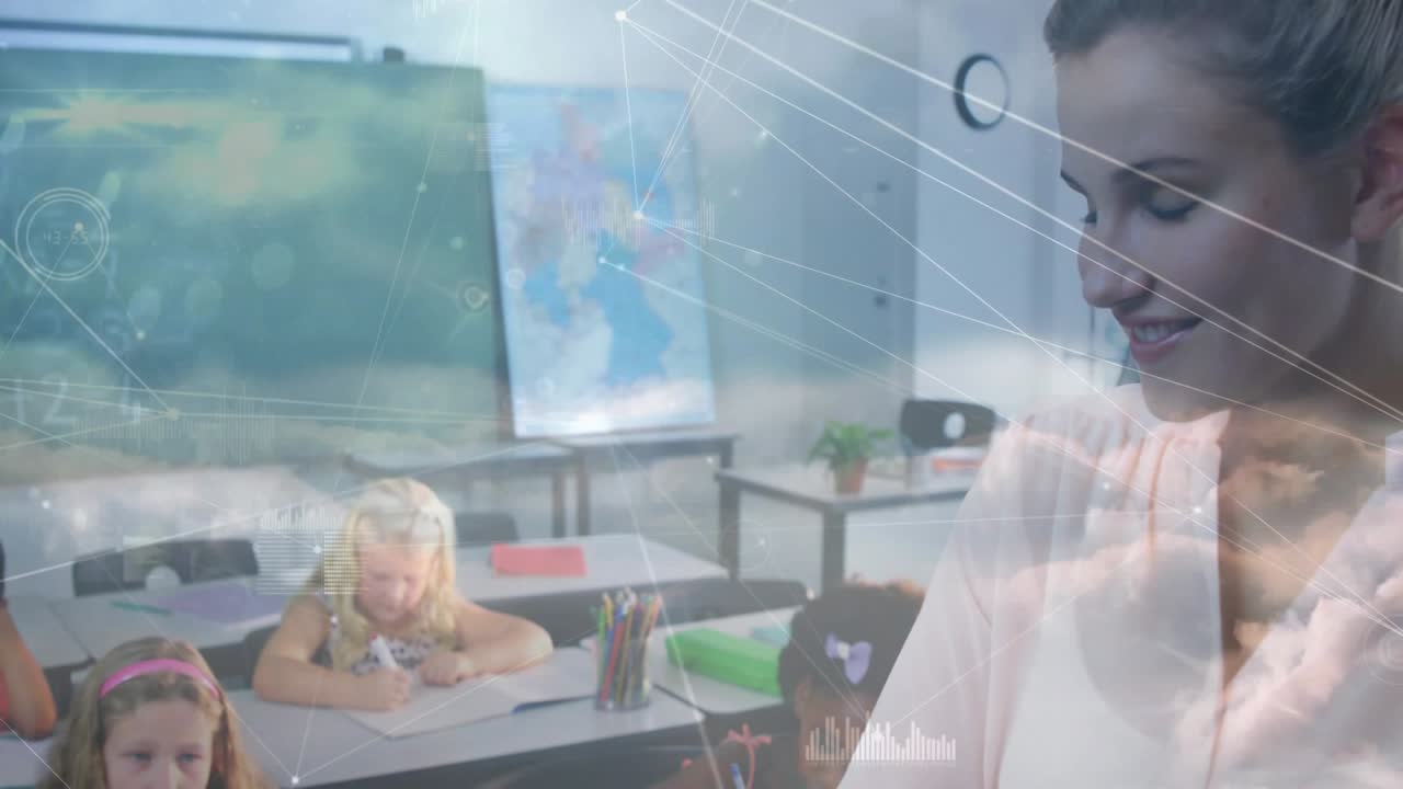 Teacher turning, smiling to camera as HUD overlay appearing, framing while supervising classwork