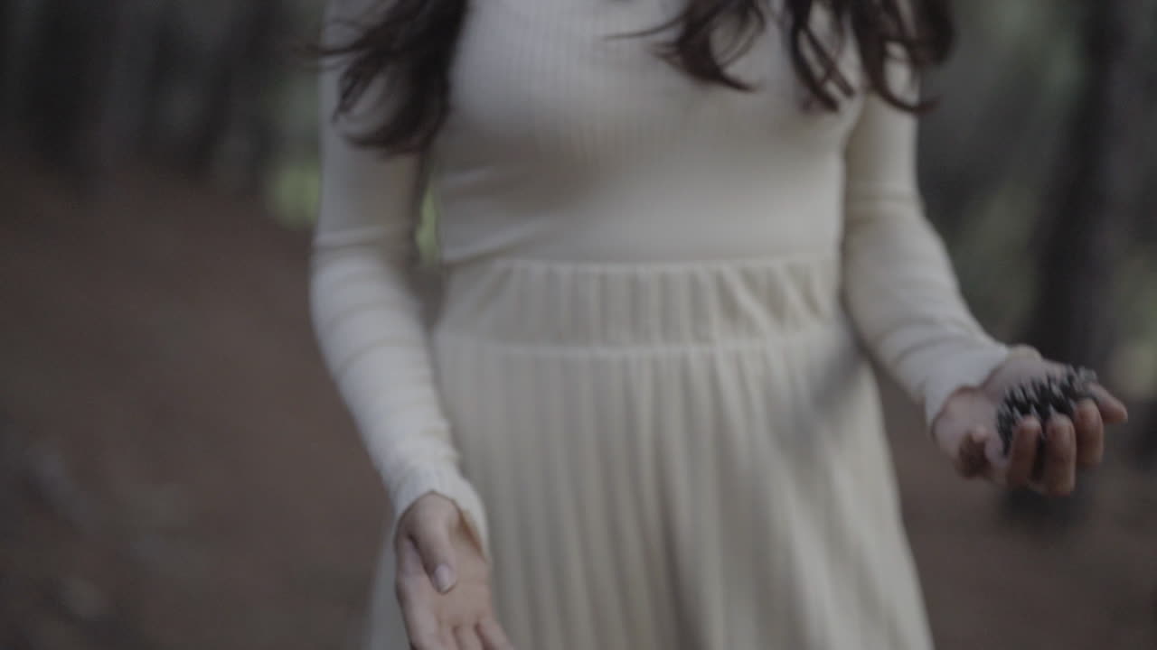 느린 동작으로 자연 침엽수 원뿔을 가지고 노는 천사