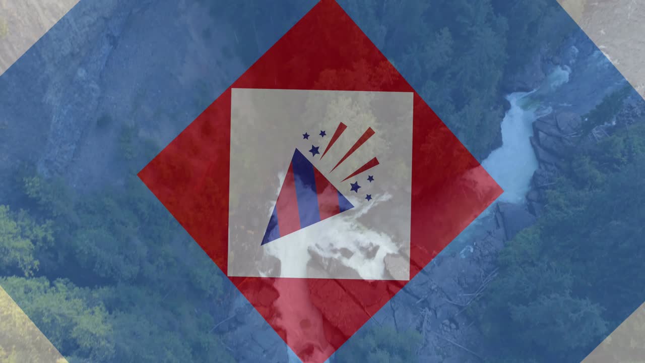 숲과 폭포 위에 있는 미국 국기 색상의 사각형과 파티 콘의 애니메이션