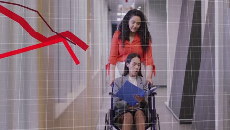 animation of statistical data processing over disabled woman in wheelchair with colleague at office