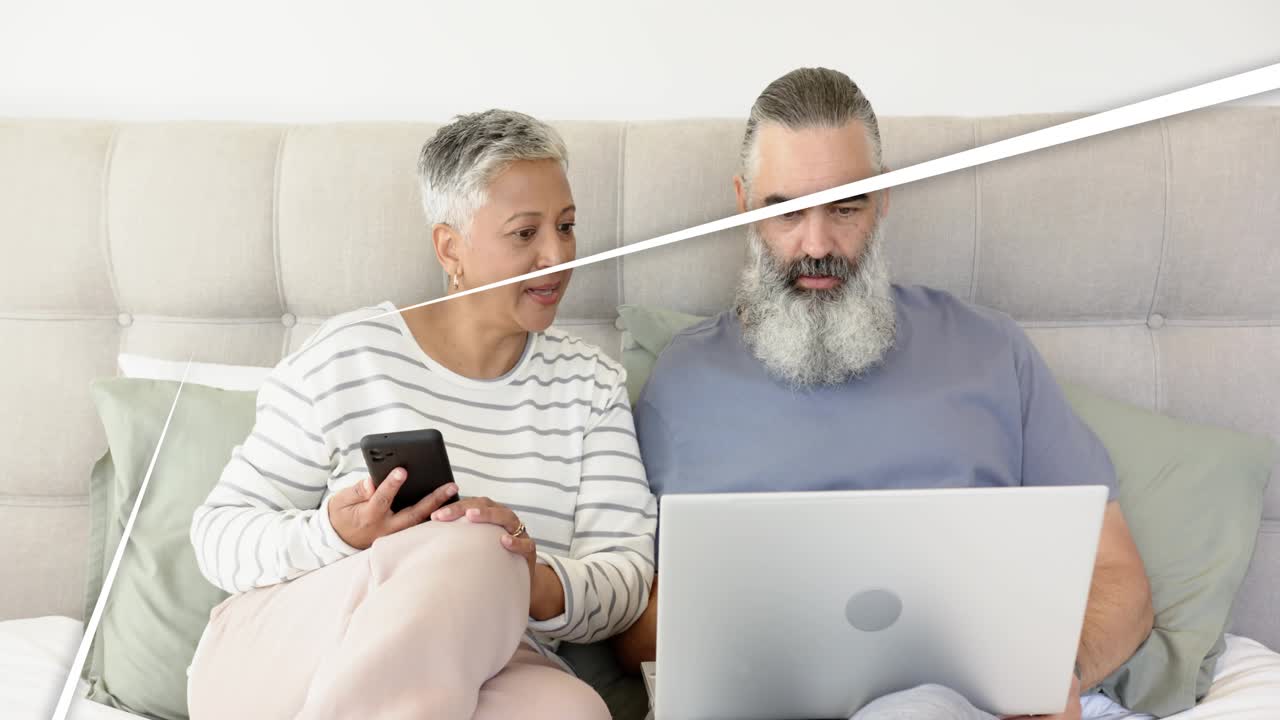 Woman tapping phone leaning to man pointing laptop reviewing ribbons and stars sliding over faces