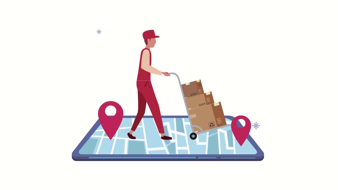 animación de servicio logístico con trabajador y carrito en teléfono inteligente