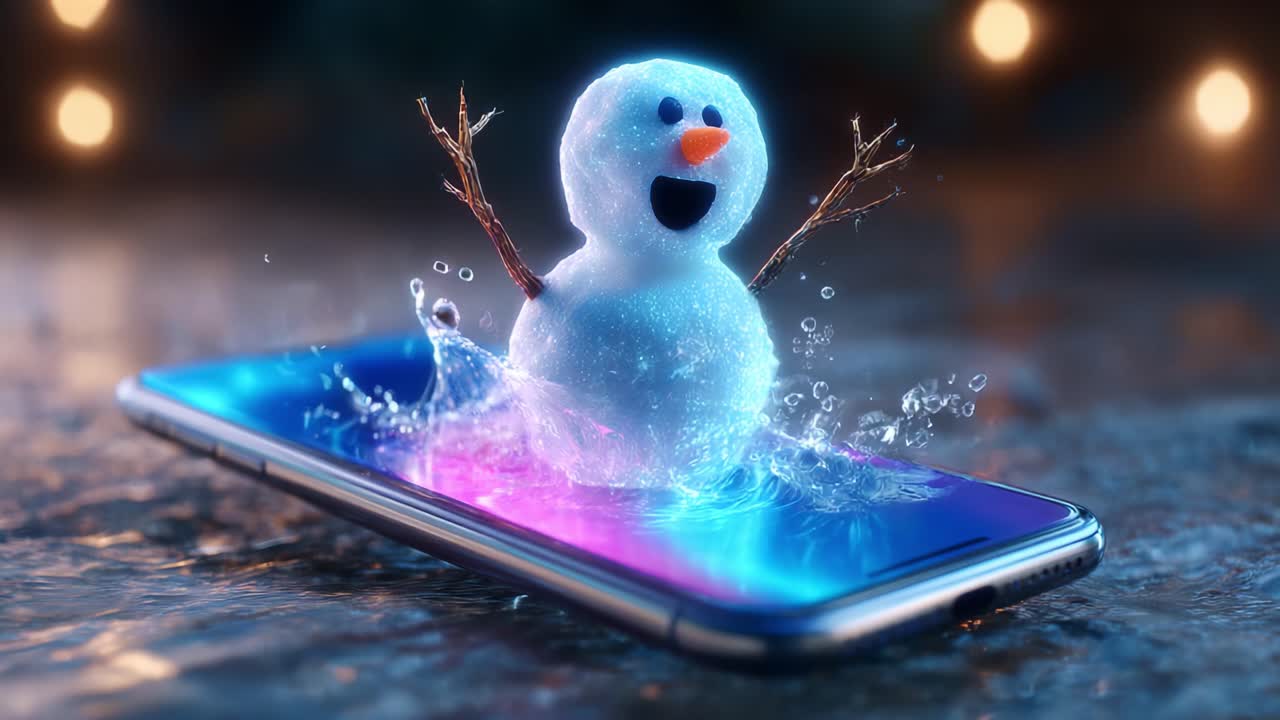 A playful snowman character emerges joyfully from a smartphone screen, splashing through vibrant colors while capturing the essence of winter fun and technology, showcasing a whimsical blend of imagination and innovation