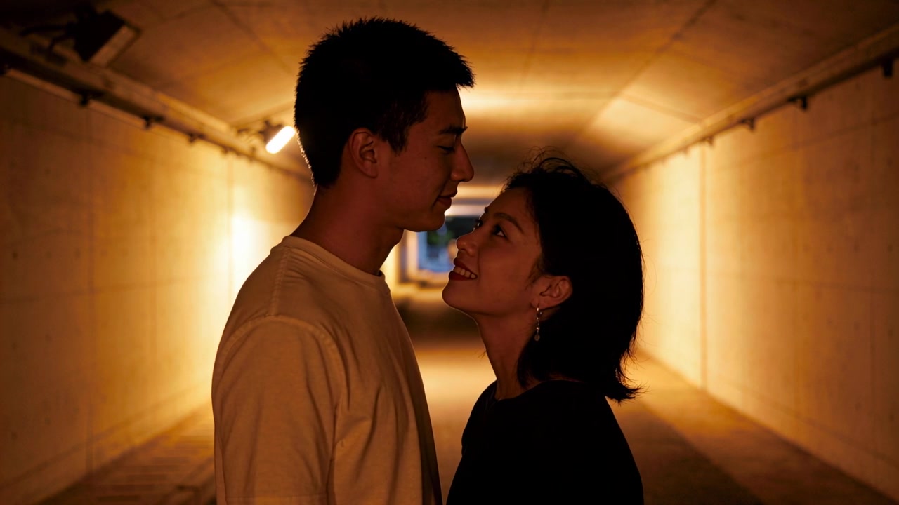 Donna che alza lo sguardo e mantiene il contatto visivo, mentre un uomo si china per un bacio in un tunnel illuminato; la donna indossa un top scuro e orecchini.