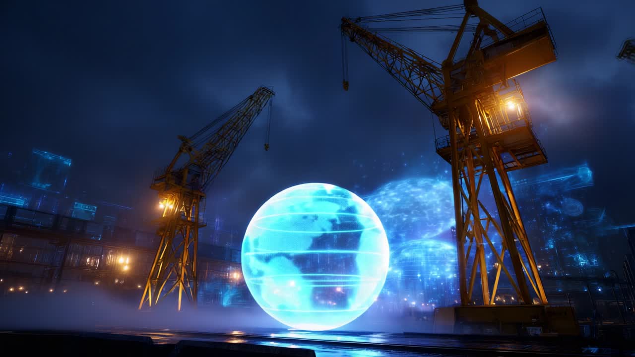 Futuristic Industrial Scene with Cranes and Glowing Sphere Projecting Data Visualizations, Set Against a Dark Atmospheric Background Evoking Technology and Innovation in Construction and Logistics