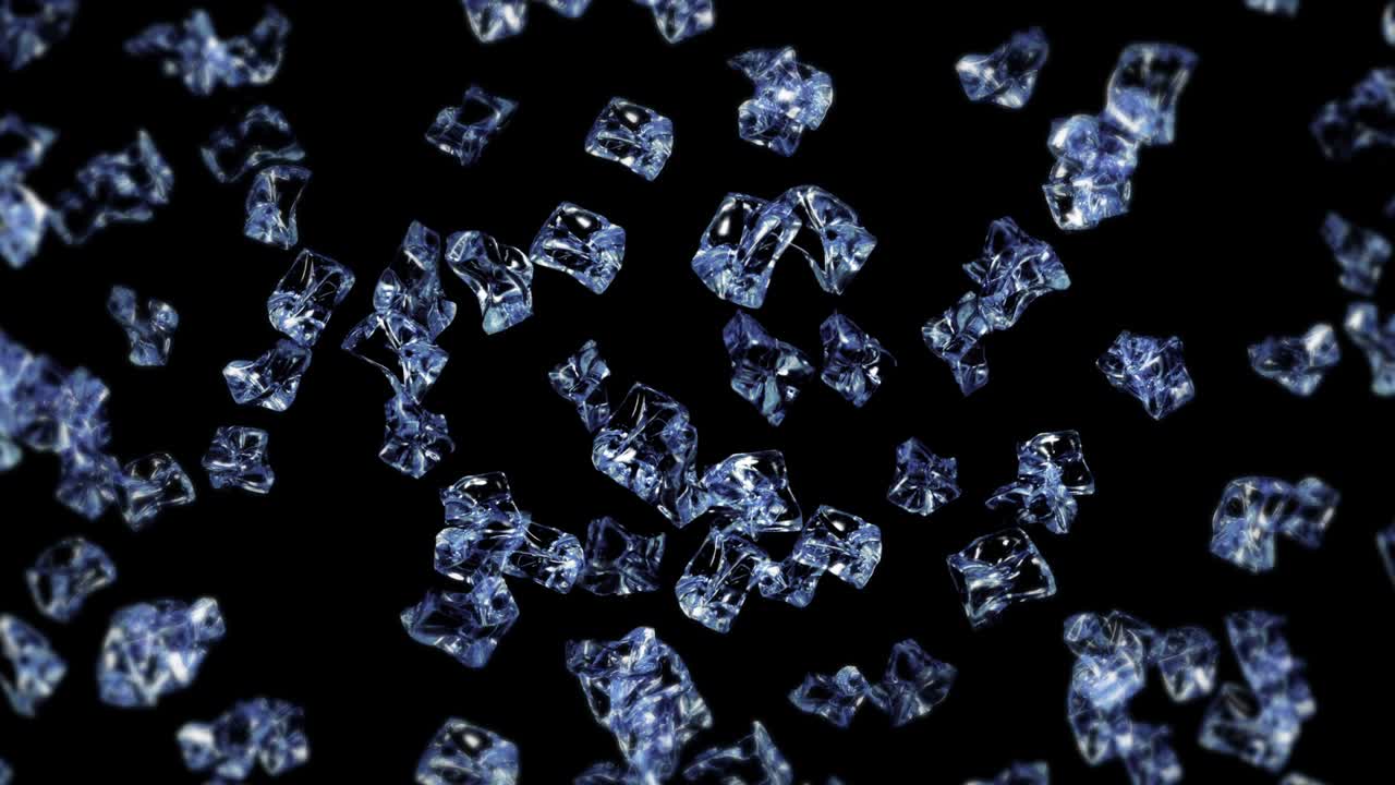 검은색 바탕에 많은 깨한 얼음 큐브를 날아. 부서진 얼음 조각, 자연 물. 부러진 얼음의 3d 애니메이션 회전. 루프 애니메이션.