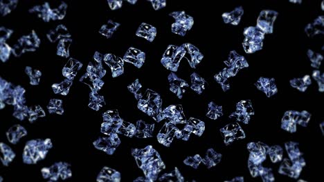 flying many clean ice cubes on black background. pieces of crushed ice, natural water. 3d animation of crushed ice rotating. loop animation.