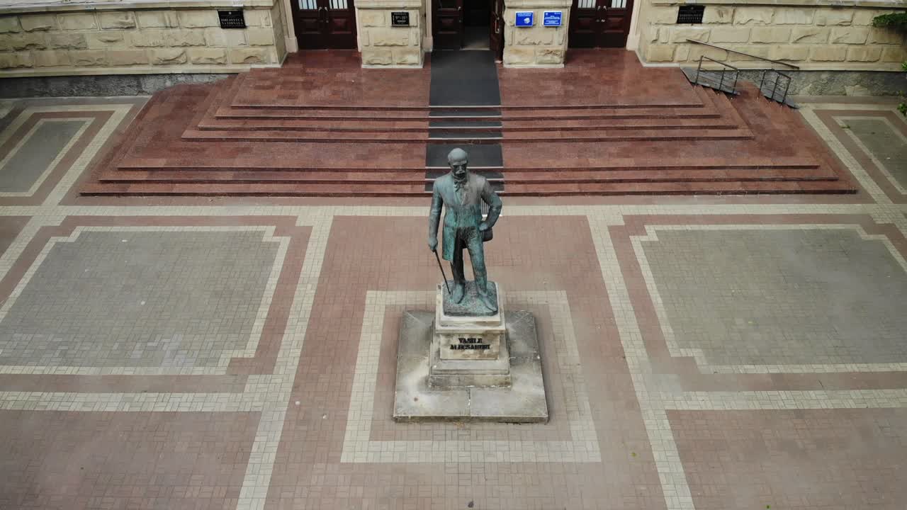 Aerial drone shot of National Library of Moldova in center of the Chisinau city