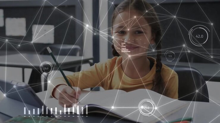 Female student touching pencil to notebook, writing for classroom learning, HUD nodes overlaying