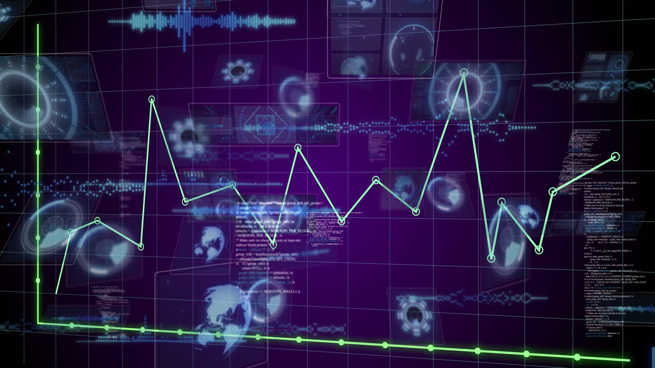 Animation of graph line fluctuating over digital interface with scientific data
