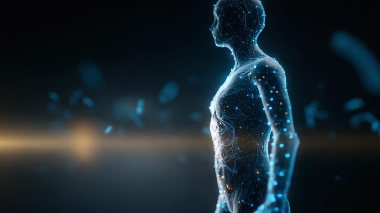 Uma silhueta humana digital composta por nós interconectados e partículas brilhantes, representando a fusão da tecnologia e da humanidade em uma visualização abstrata de uma paisagem futurista.