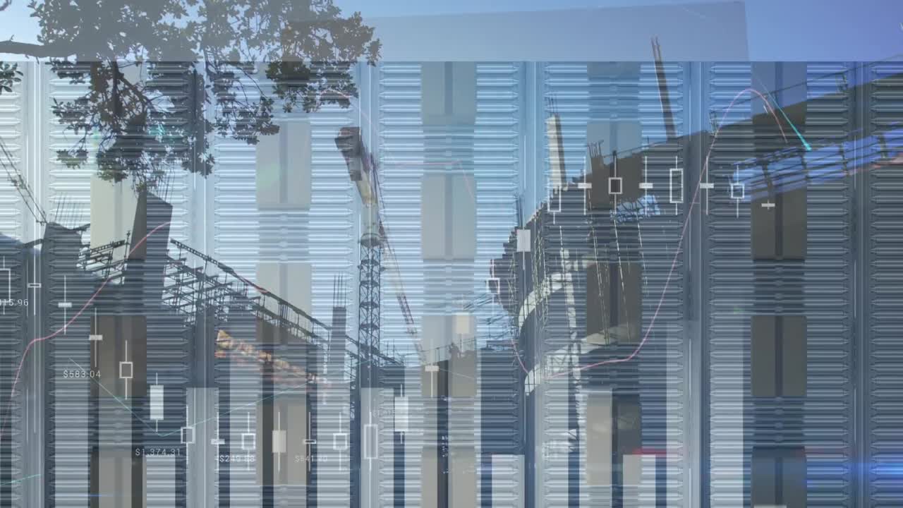 animación del procesamiento de estadísticas sobre cajas de cartón en cintas transportadoras y en el sitio de construcción