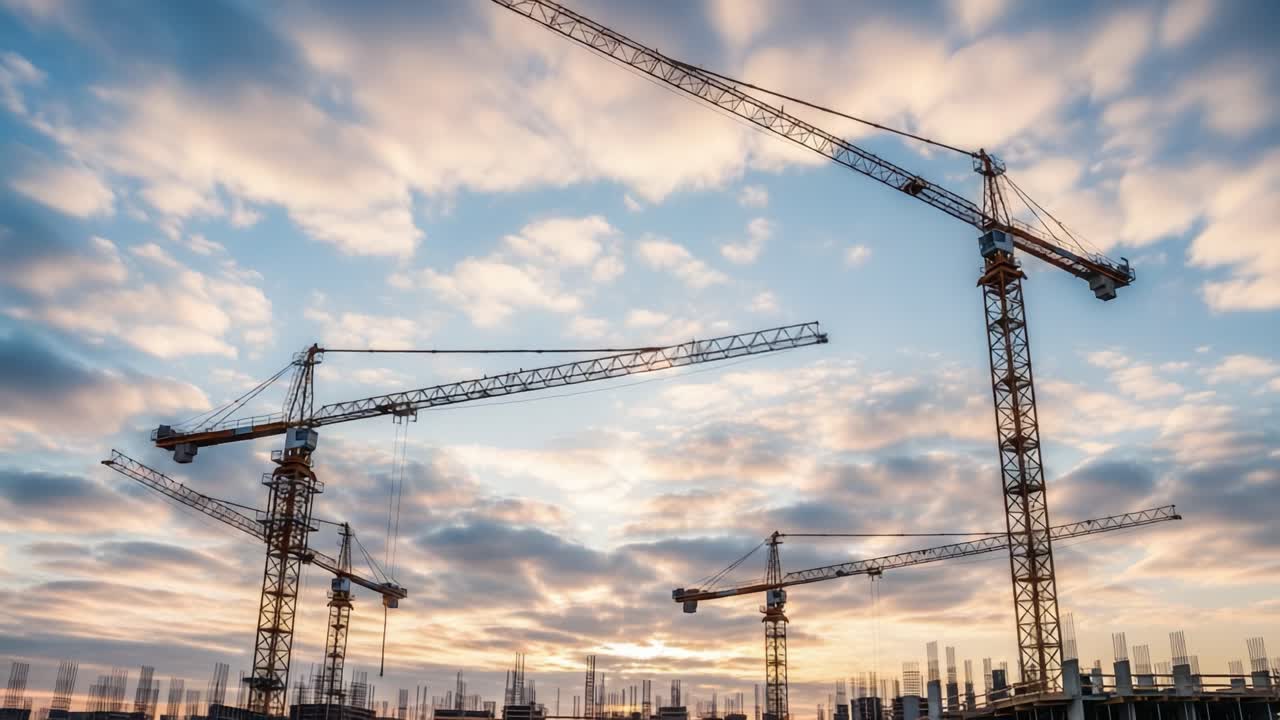 grúas de construcción al atardecer