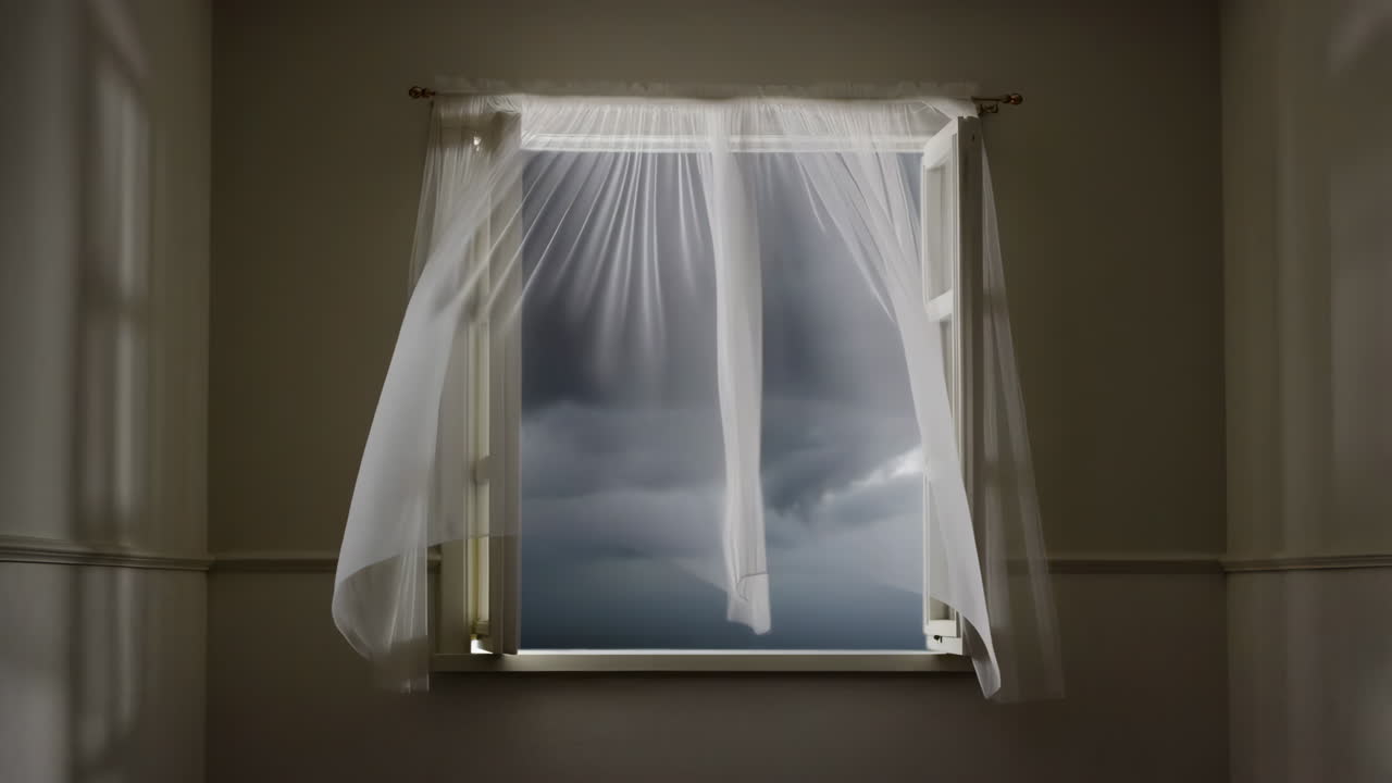 Sheer Curtains Blowing in a Window with a Dark, Cloudy Sky